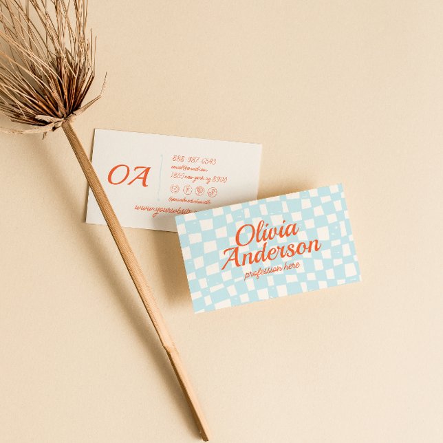Retro Colourful Hand Drawn Chequered Groovy Cute Business Card (Creator Uploaded)