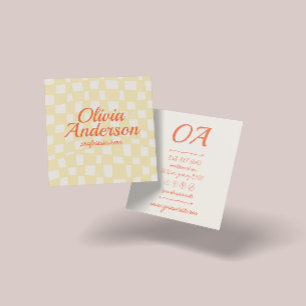 Retro Colourful Hand Drawn Chequered Groovy Cute Square Business Card