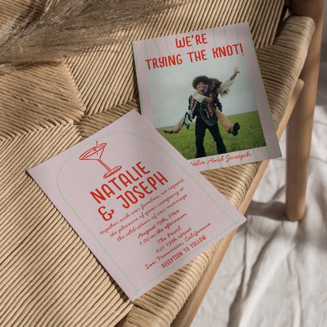 Retro Colourful Hand Drawn Martini Photo Wedding Invitation (Creator Uploaded)