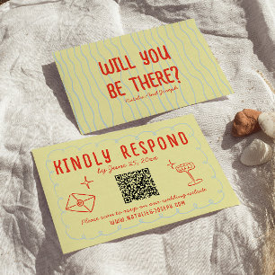 Retro Colourful Hand Drawn Unique QR Code Wedding  RSVP Card