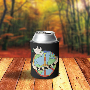 Retro Colourful Hand Drawn World Peace with Dove Can Cooler
