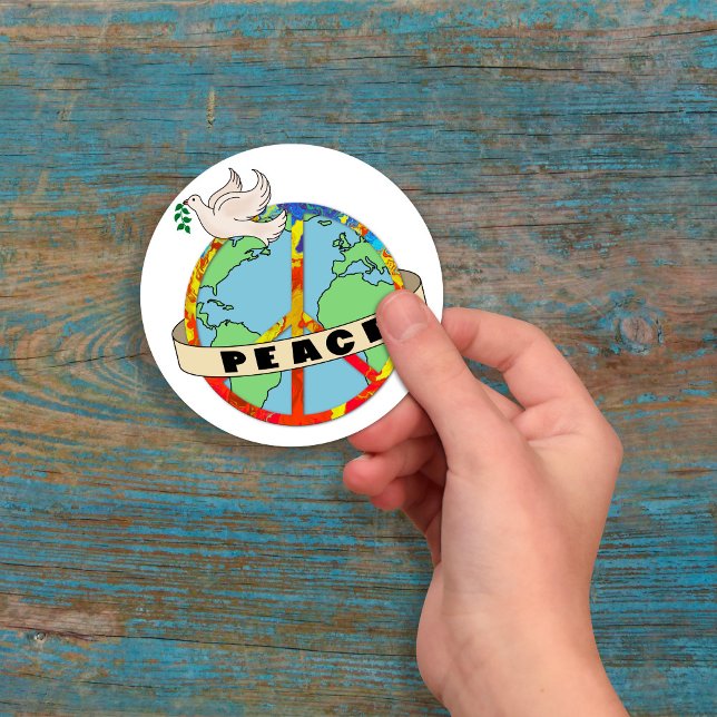Retro Colourful Hand Drawn World Peace with Dove Classic Round Sticker (Creator Uploaded)