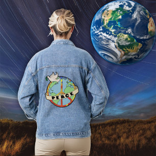 Retro Colourful Hand Drawn World Peace with Dove Denim Jacket