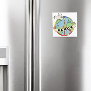 Retro Colourful Hand Drawn World Peace with Dove Magnet