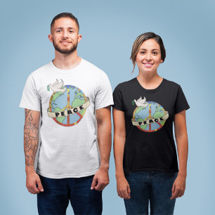 Retro Colourful Hand Drawn World Peace with Dove T-Shirt