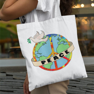 Retro Colourful Hand Drawn World Peace with Dove Tote Bag