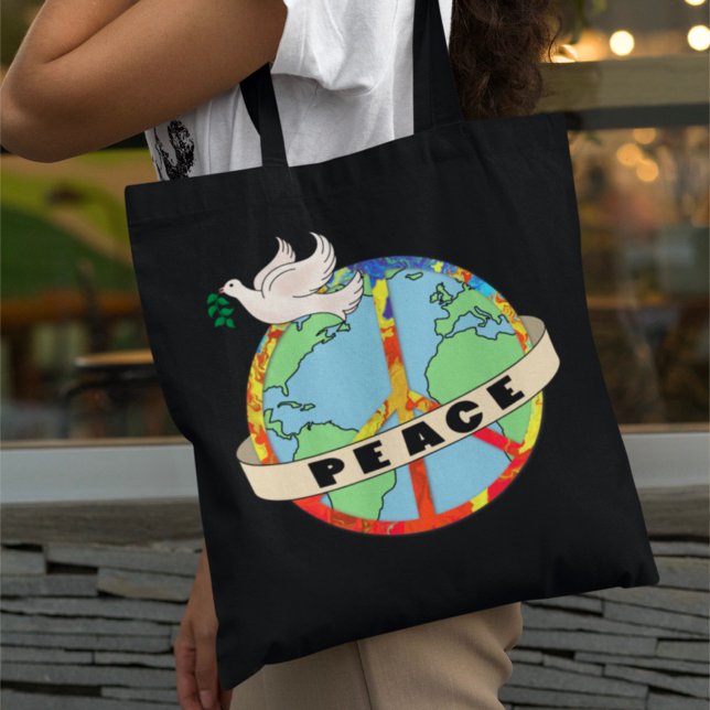 Retro Colourful Hand Drawn World Peace with Dove Tote Bag (Creator Uploaded)