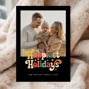 Retro Colourful Happiest Holidays Family Photo Holiday Card