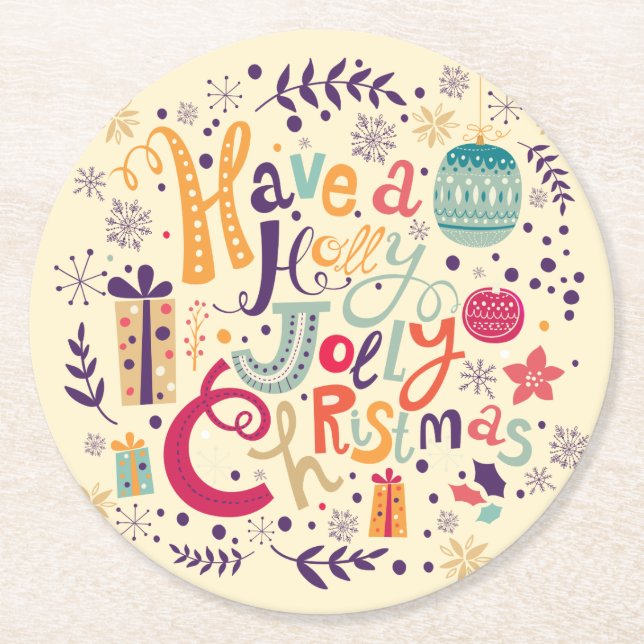Retro Colourful Have A Holly Jolly Christmas Round Paper Coaster (Front)