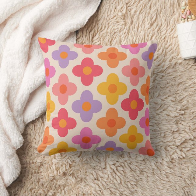 Retro Colourful Hippie Mod Flowers Pattern  Cushion (Blanket)