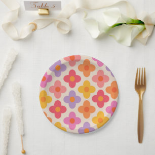 Retro Colourful Hippie Mod Flowers Pattern Paper Plate
