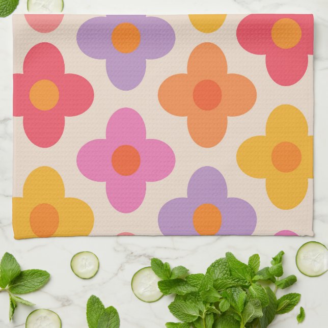 Retro Colourful Hippie Mod Flowers Pattern  Tea Towel (Folded)