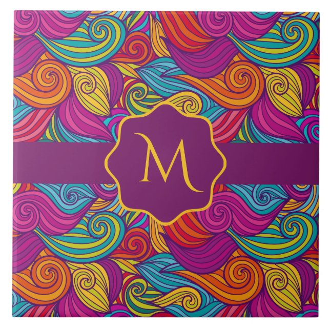 Retro Colourful Jewel Tone Swirly Wave Pattern Tile (Front)