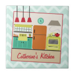 Retro Colourful Kitchen Tile<br><div class="desc">A kitchen tile featuring an illustration of a retro inspired kitchen decorated with a red,  turquoise,  orange,  and yellow colour scheme.  Personalise with your name in red.  Background is light blue with zig zags.</div>