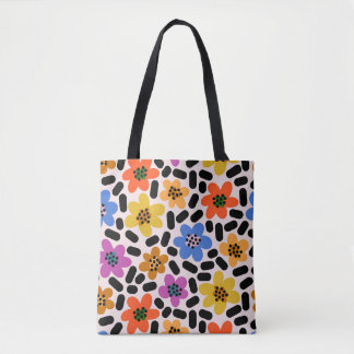 Retro Colourful Memphis Style Floral Pattern Tote Bag