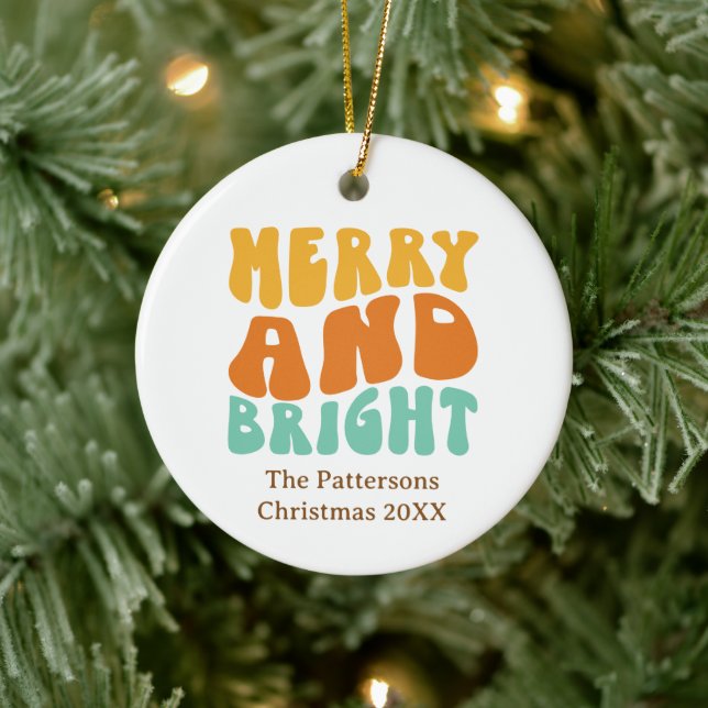 Retro Colourful Merry and Bright Christmas Holiday Ceramic Ornament (Tree)
