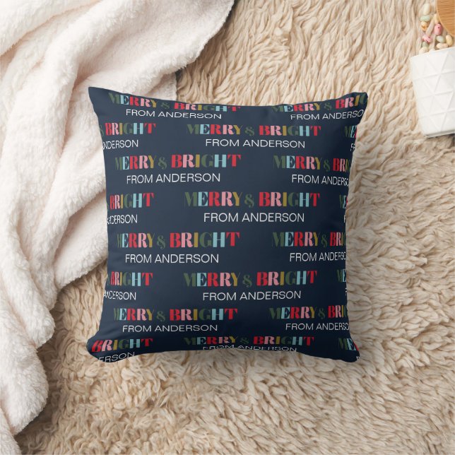 Retro Colourful Merry and Bright Christmas Holiday Cushion (Blanket)