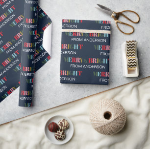 Retro Colourful Merry and Bright Family Christmas Wrapping Paper