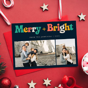 Retro Colourful Merry & Bright 3 Photo Christmas Holiday Card