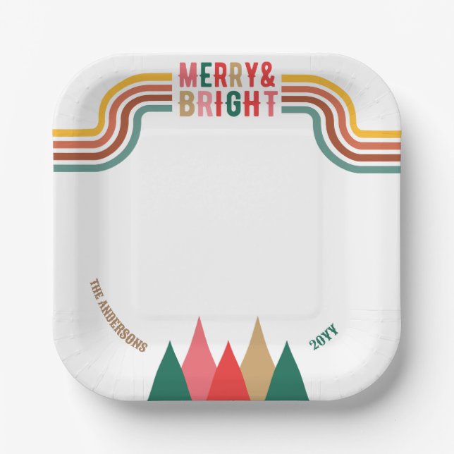 Retro Colourful Merry Bright Christmas Party  Paper Plate (Front)