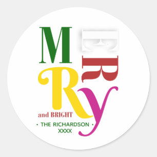Retro Colourful Merry & Bright Vintage Christmas Classic Round Sticker