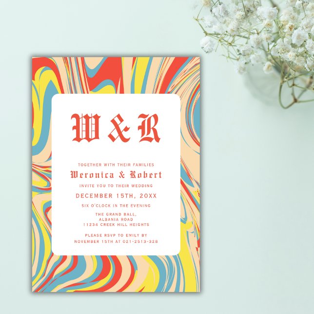 Retro Colourful Monogram Wedding  Invitation (Creator Uploaded)