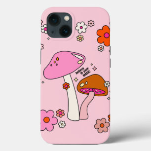 Retro Colourful Mushrooms And Flowers Pink iPhone 13 Case