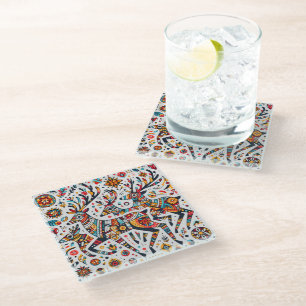 Retro Colourful Nordic Style Reindeer pattern Glass Coaster