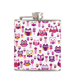 retro colourful owl bird pattern hip flask