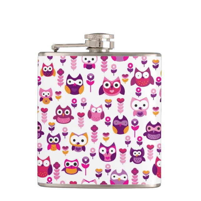 retro colourful owl bird pattern hip flask (Front)