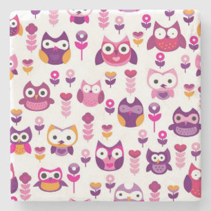 retro colourful owl bird pattern stone coaster