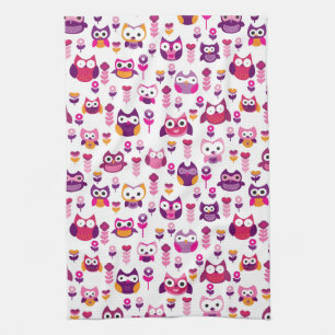 retro colourful owl bird pattern tea towel