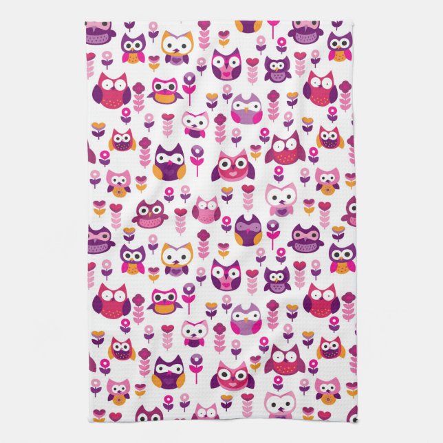 retro colourful owl bird pattern tea towel (Vertical)