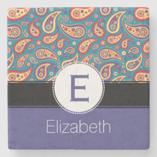 Retro Colourful Paisley Monogram and Name Pattern Stone Coaster