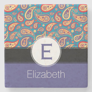 Retro Colourful Paisley Monogram and Name Pattern Stone Coaster