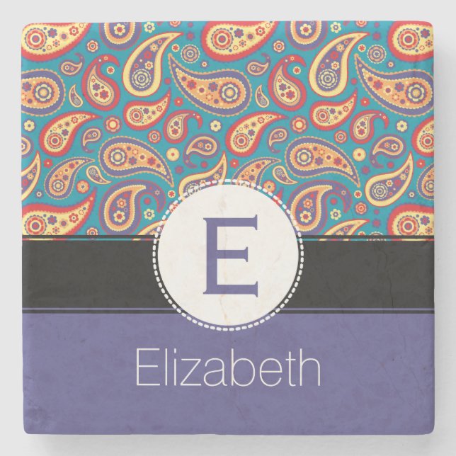 Retro Colourful Paisley Monogram and Name Pattern Stone Coaster (Front)