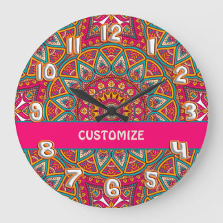 Retro Colourful Pink Mandela 70s Boho Large Clock