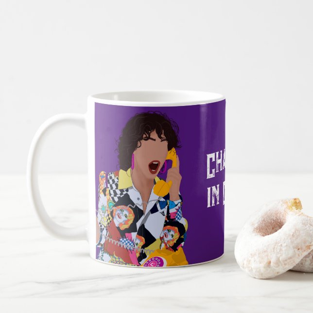 Retro Colourful Pop Art Stylish Woman Holding Phon Coffee Mug (With Donut)