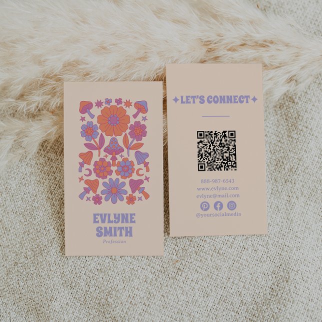 Retro Colourful QR Code Groovy Floral Funky Boho Business Card (Creator Uploaded)