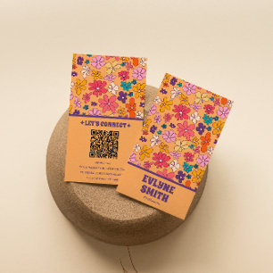 Retro Colourful QR Code Groovy Floral Trendy Boho Business Card