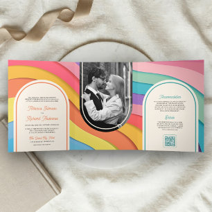 Retro Colourful Rainbow Arch Photo QR Code Wedding Tri-Fold Invitation