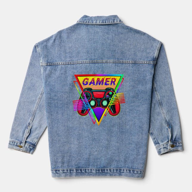 Retro Colourful Rainbow Gamer Computer Gaming  Denim Jacket (Back)