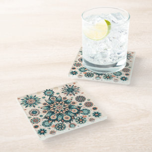 Retro Colourful Snowflake Winter Pattern Glass Coaster