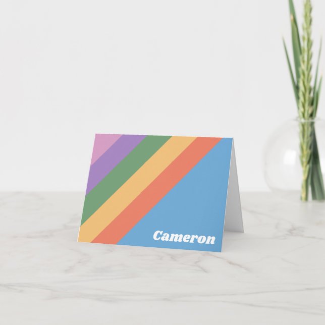 Retro Colourful Stripes Blue Personalised Name Note Card (Front)