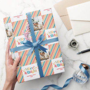 Retro Colourful Stripes Merry and Bright Photo Wrapping Paper