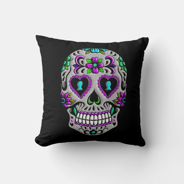 Retro Colourful Sugar Skull Cushion (Front)