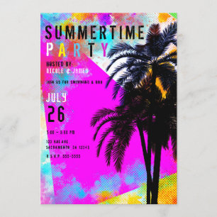 Retro Colourful Summertime Beach Party Palm Trees Invitation