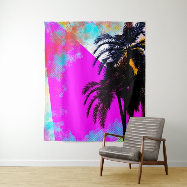 Retro Colourful Summertime Beach Party Palm Trees Tapestry (In Situ)