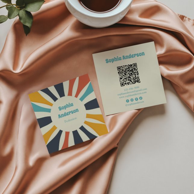 Retro Colourful Sunburst with QR Code - Elegant Square Business Card (Creator Uploaded)