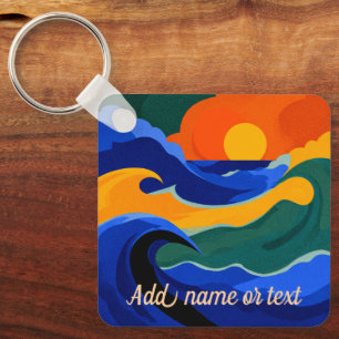 Retro Colourful Surf Wave & Sunset Custom Key Ring